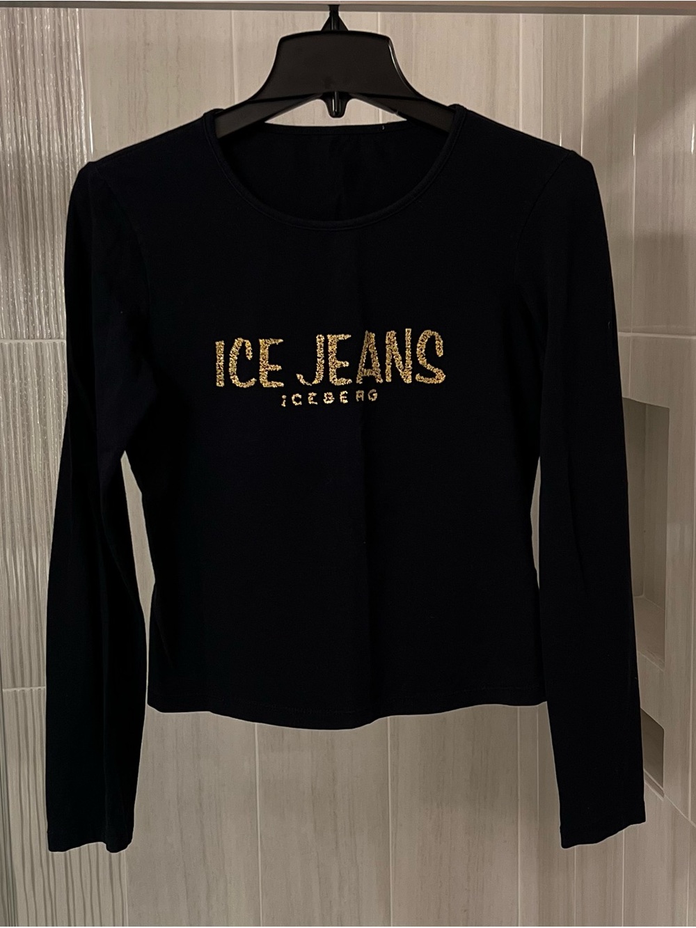 Iceberg Vintage Ice Jeans Black Glitter Logo Long Sleeve Top